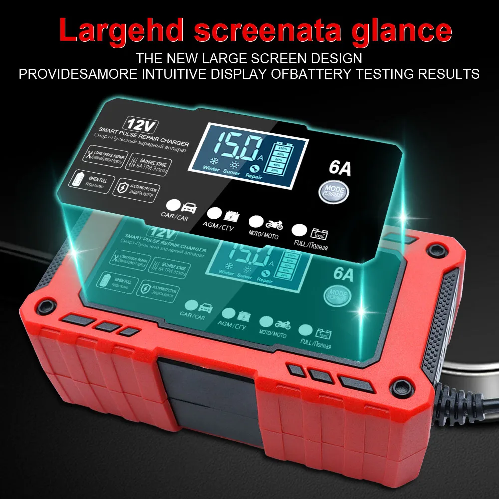 Cargador de batería inteligente de plomo-ácido de 12V y 6A, reparación de pulso inteligente, SUV, carga de batería portátil para coche y motocicleta, mantenimiento de batería