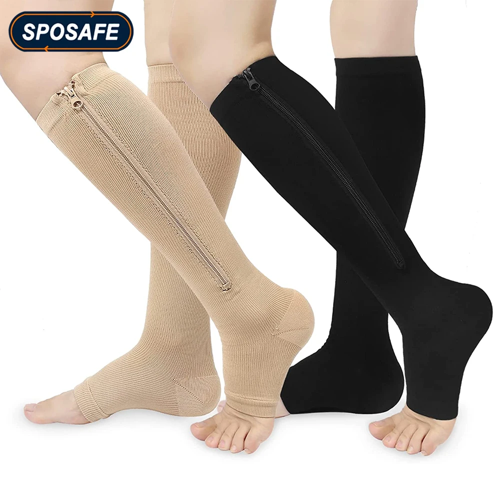 2Pcs/Pair Zipper Compression Socks Calf Open Toe Compression Stockings for Women Men Walking, Running, Cycling and Sports