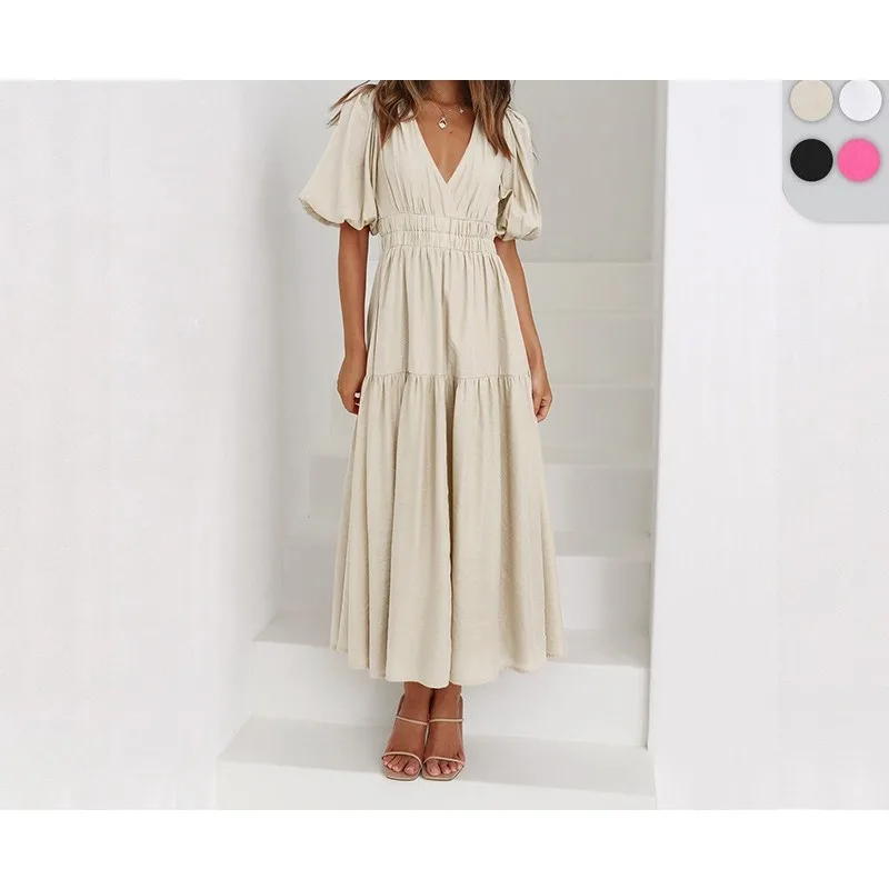 

Summer High Sense Deep V Bubble Sleeve Vacation Dress Fashion Women's Long Dress