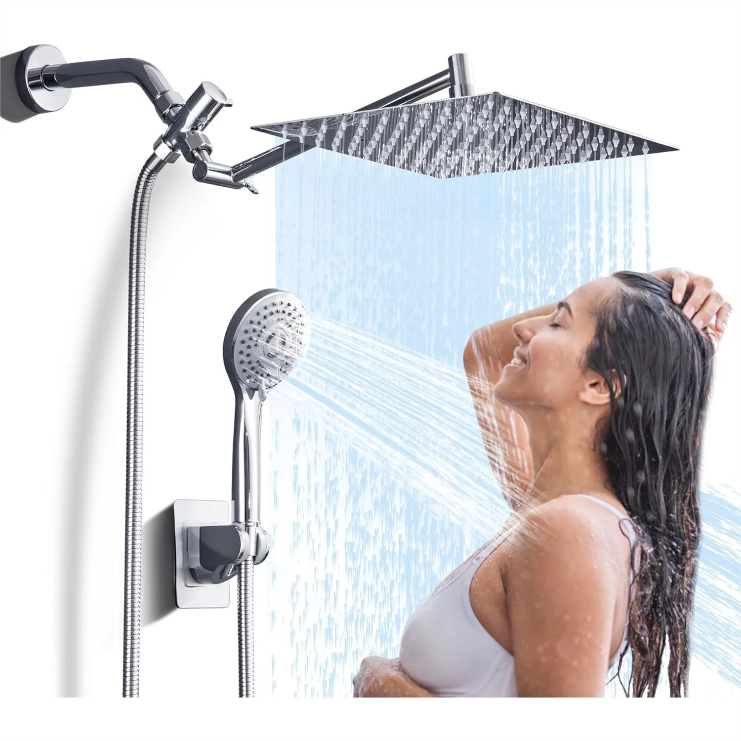 

10" Rainfall Shower Head with Handheld Combo, High Pressure, 304 Stainless Steel, Anti-Clog, Flexible Extension Arm, 3 Modes