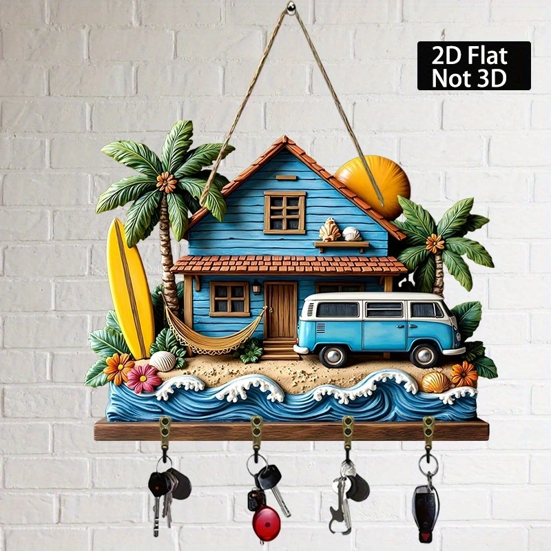 2D Flat Hawaiian-style Seaside Wooden Multi-functional Home Key Holder 12in Four Metal Hooks Key Hangers Wall Porch Room Decora