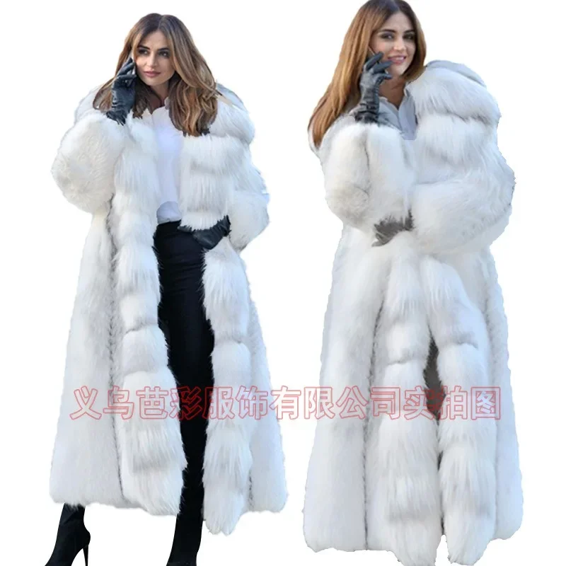 Women Faux Fur Coat Winterf Fashion Warm Long Large Size Coats White Hooded Splicing Fox Fur Jacket New 2025 Elegant Clothing