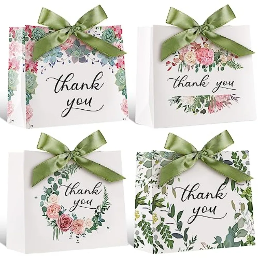 

36 Mini Thank You Bags - 4.7 x 5.5 x 2.3 In, Goodie Bags with Ribbon for Busin, Baby Shower, Party, Wedding Green