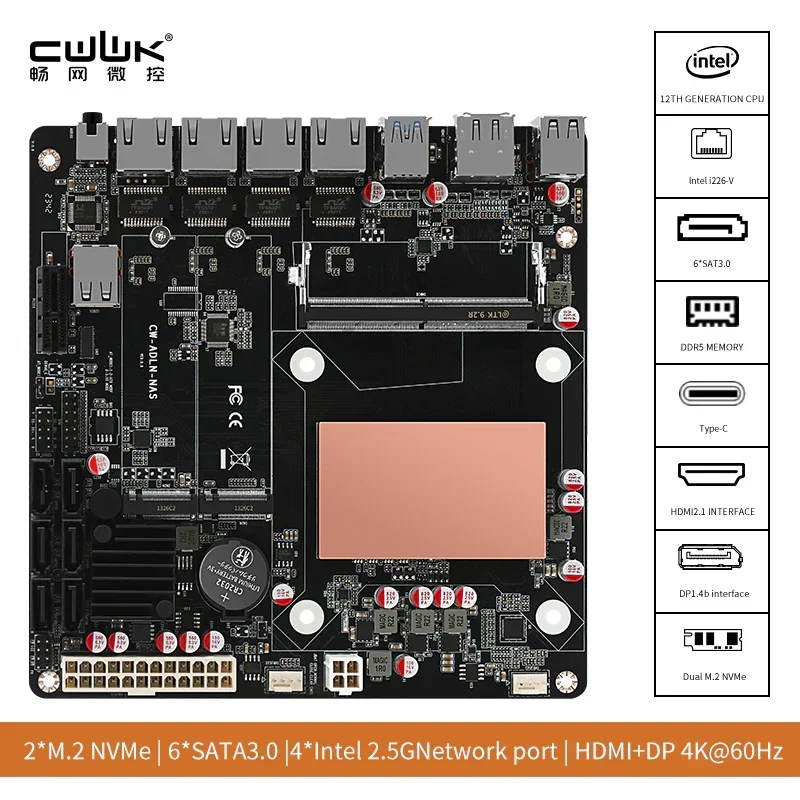 Nas Monster Board N100/I3-N305 6-Bay 4x 2.5G/6x Sata3.0/2x M.2 Nvme/115x Radiator Itx Board Type Moederbord