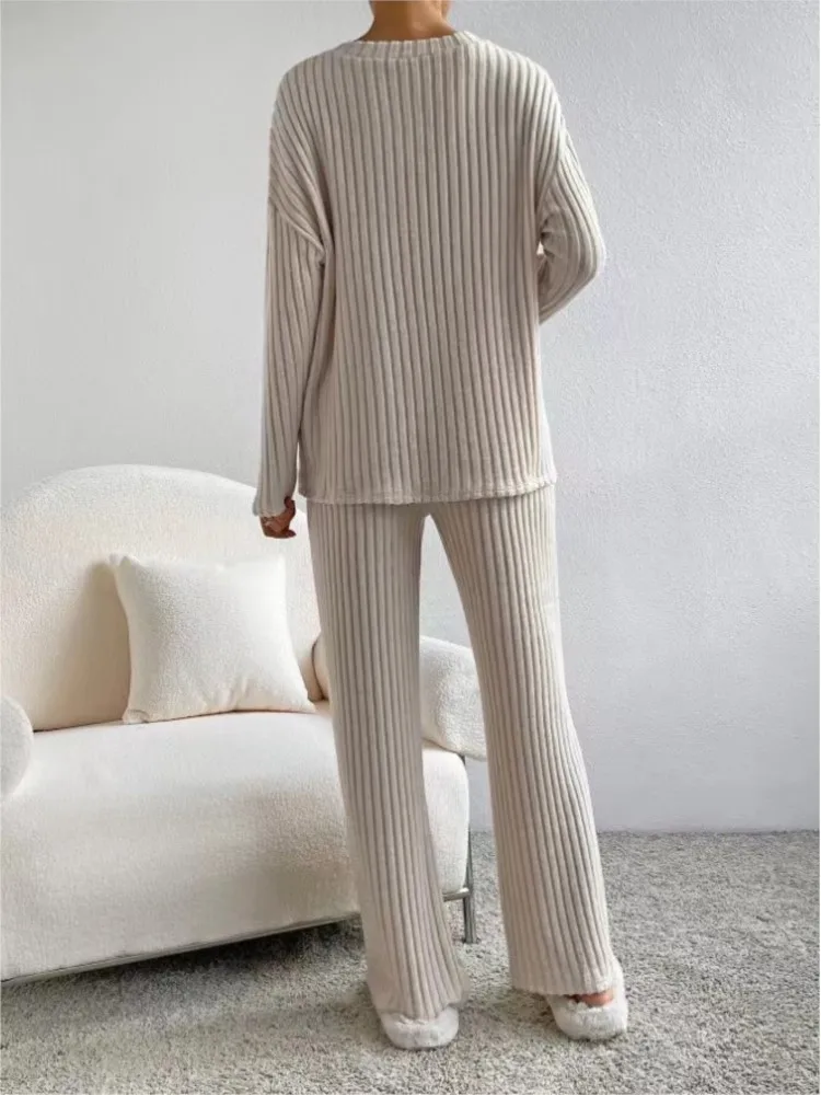 2023 Autumn Winter Loose Casual V Neck Pit Stripe Knitted Set Fashion Solid Long Sleeve Top Straight Tube Pants Two Piece Sets