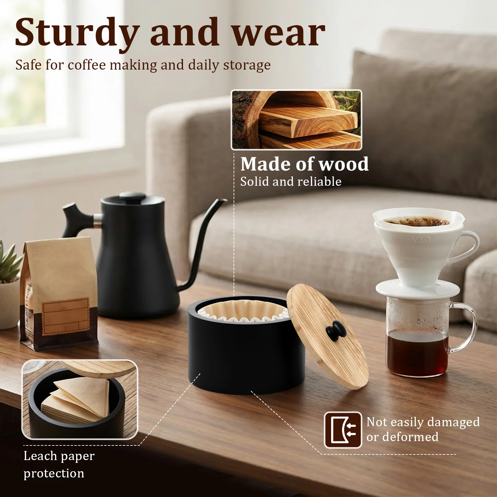Coffee Filter Holder Wooden Coffee Filter Paper Storage Container with Lid Multi-role Countertop Tea Bag Coffee Pod Storage Box