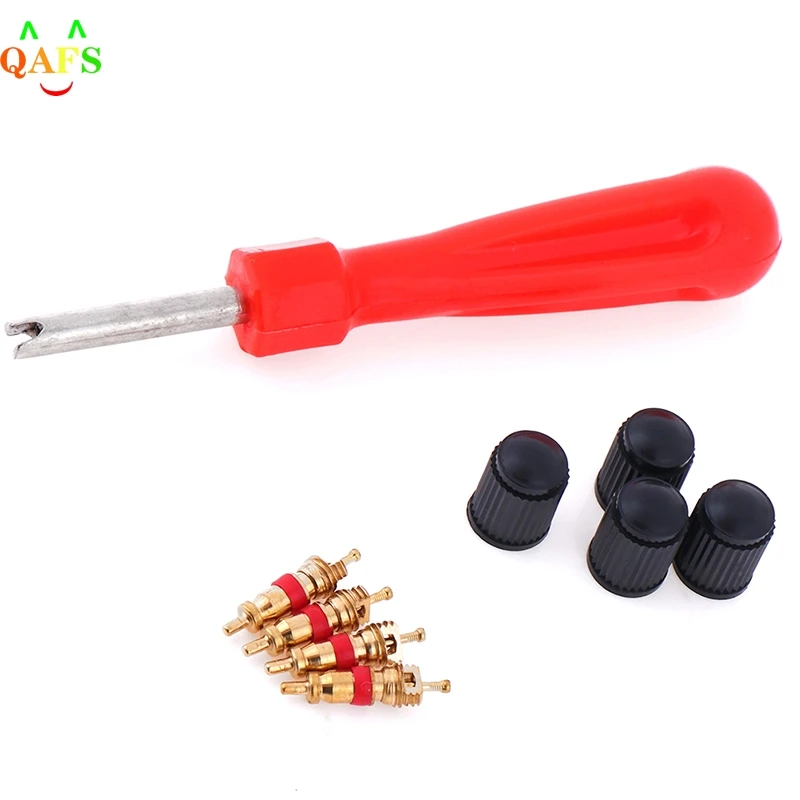 1 Set Tire Valve Service Kit 4 Valve Cores 4 Valve Caps 1 Valve Stem Screwdriver Tire Repair Tool for Car Motorcycle Bus Truck