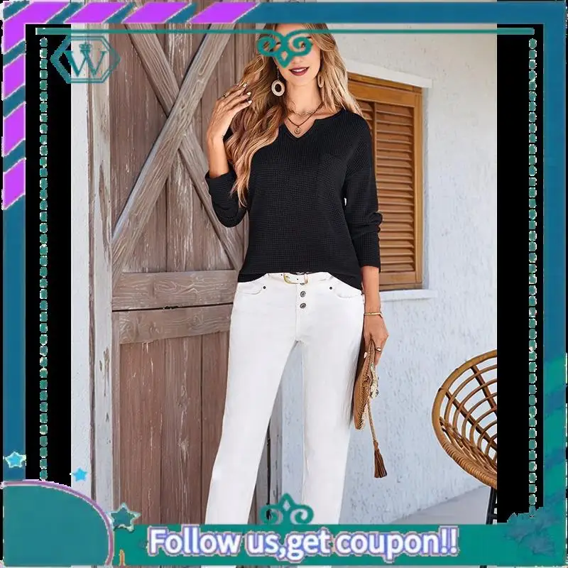 

A09P Womens Tops Waffle Knit Long Sleeve Notched V Neck Shirts Casual Trendy Solid Color Loose Blouses
