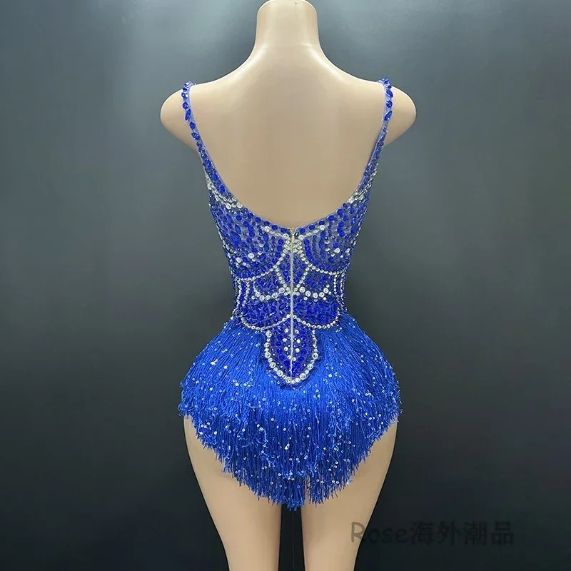 Nightclub Dj Ds Rave Outfits Women Sexy Gogo Dance Costume Stage Pole Dance Clothes Blue Rhinestones Fringed Bodysuit