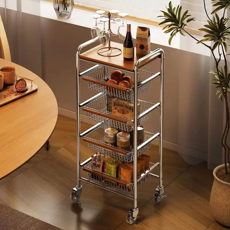 

Wheeled mobile trolley storage solid wood multi-layer floor plating storage kitchen storage frame