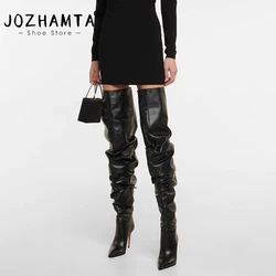 JOZHAMTA Size 35-43 Women Over Knee Boots Soft Leather Thin High Heels Shoes Winter 2025 Ruched Sexy Pointy Long Tall Boots