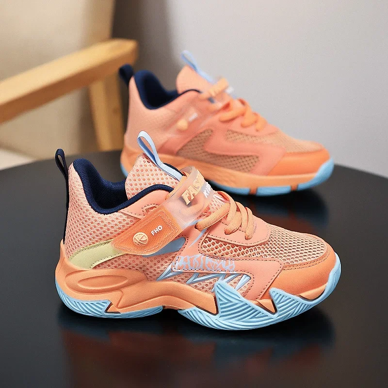 2026 New Summer Sneakers for Children Breathable Mesh Basketball Shoes Trainers Kid Hook-Loop Non-slip Sport Sneakers Size 31-40