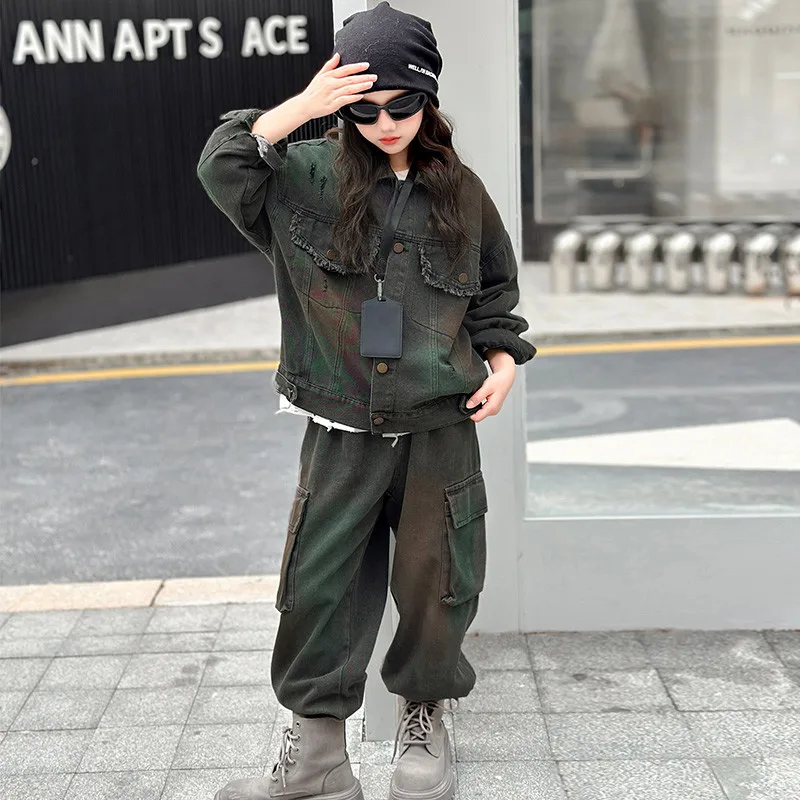 Girls Denim Suit Autumn Cool Jacket and Cargo Pants Streetwear Children Clothes 2026