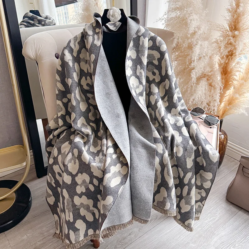 

Women's Autumn Winter Leopard Print Scarf, Premium Faux Cashmere Long Fringe Shawl Wrap, Warm Versatile Neck Warmer