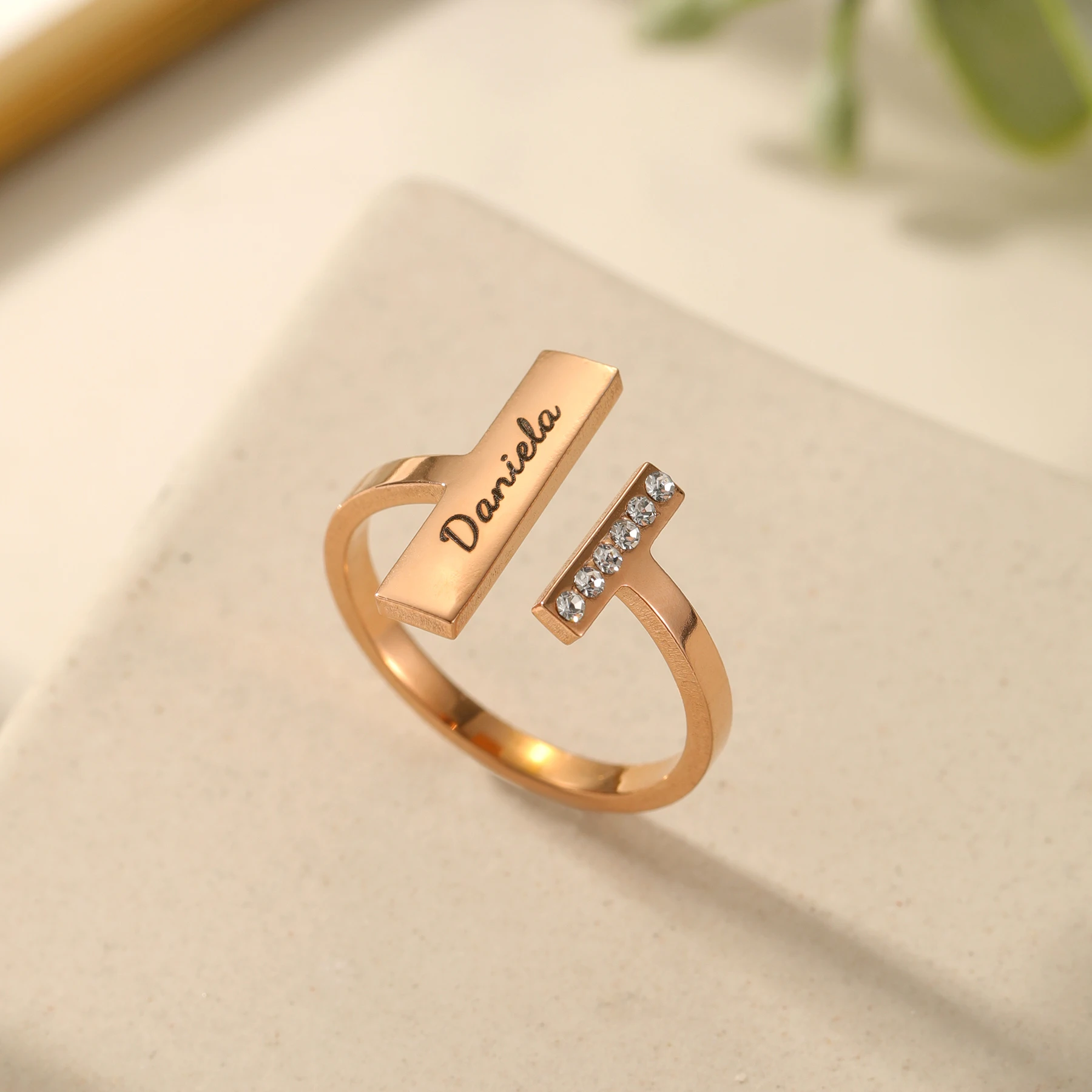 

Custom Name Ring Open Adjustable Bangle Half Diamond Accent 18K Gold Plated Stainless Steel Stacking Jewelry Gift for Her
