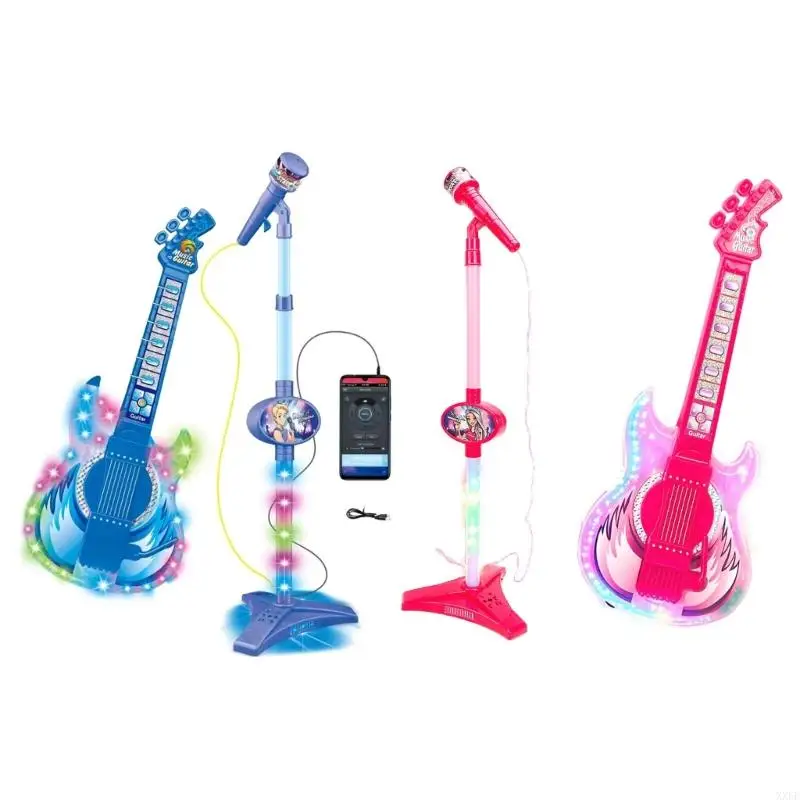 Kids Standing Microphone and Guitar Toy Set with Light Up Play, Type-C Connection, Adjustable Stand Music Instrument,