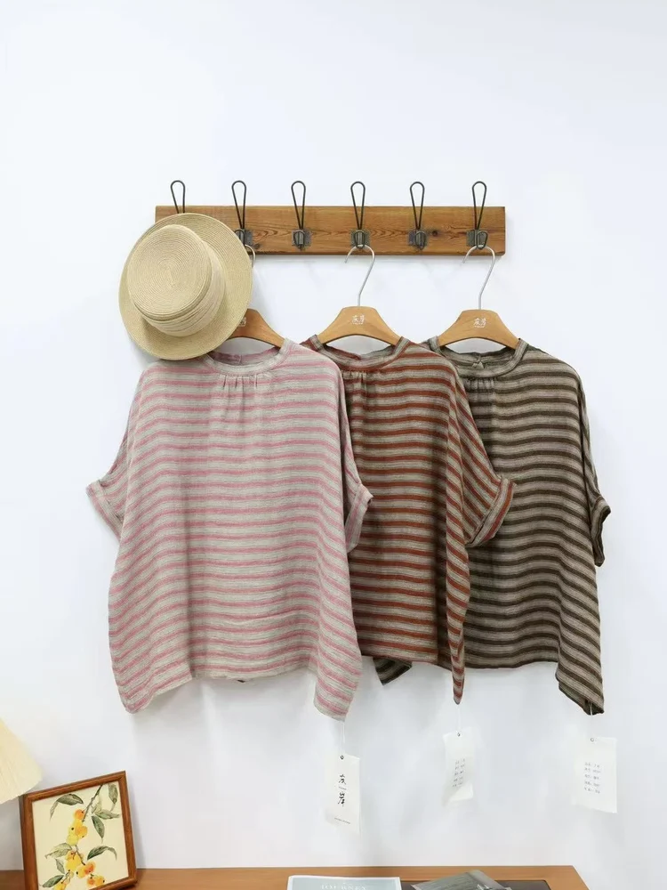 

Летняя женская свободная рубашка-худи в японском ретро-стиле из льняной ткани в полоску, удобная, дышащая, приятная для кожи, оверсайз, для отдыха.