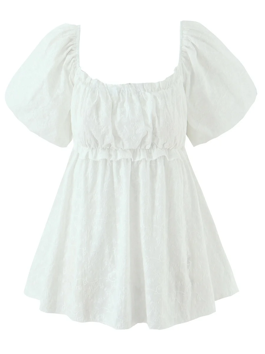 

Ele White Square Collar Bubble Sve irt for Women Sweet Embroidery Doll Top Cotton French Sle Loose Fit Summer irt