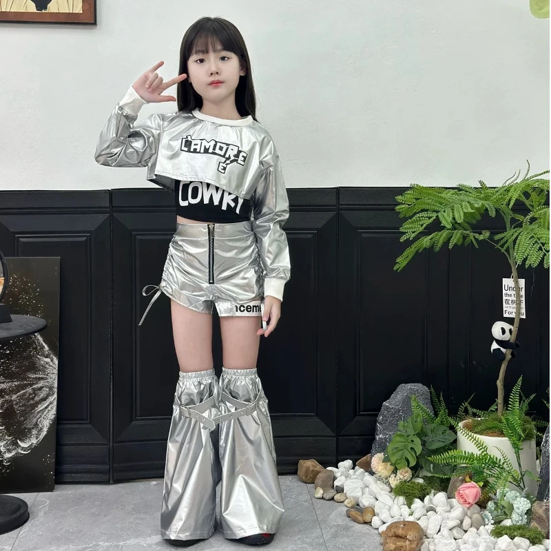 Girl Jazz Dance Performance Dress Silver Leather T-Stage Fashion Dress Children's Street Dance Performance Set
