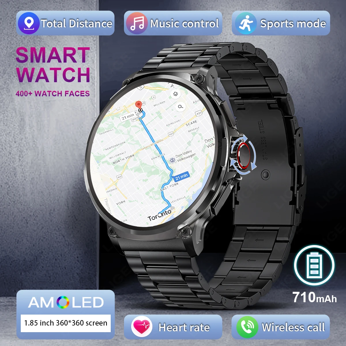 

Умные часы LIGE 2026 для мужчин, 1,85-дюймовый HD AMOLED-экран, батарея 710 мАч, спортивные функции, Bluetooth-звонки, совместимость с Android и IOS.