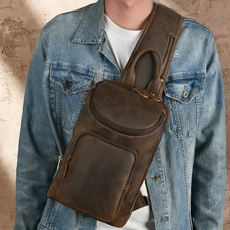 Vintage Single Shoulder Chest Bags Brown Genuine Leather Cowhide Sling Bag with Multiple Zipper Pockets and Adjustable Strap