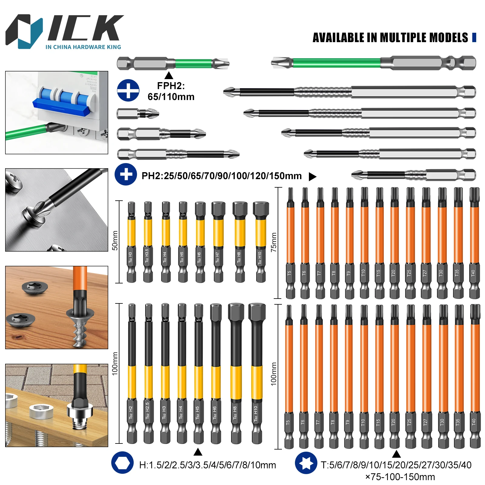 Juego de brocas para electricista profesional, 4 tipos, antideslizante camuflaje, acero S2 PH2 Hex FPH2 Torx, varios tamaños
