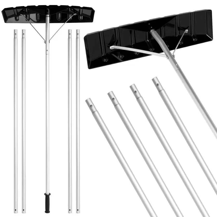 Snow Roof Rake Snow Removal Tool with 5 Section Tubes 25 Inch Blade Adjustable 4.820 ft Reach Aluminum Shovel Rugged Slide for S