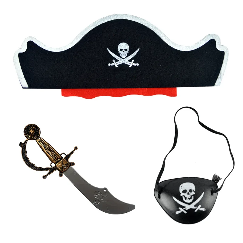 New Halloween Mask Felt Pirate Hat Eye Mask Skull Head Festival Costume Props Plastic Pirate Sword 3pcs