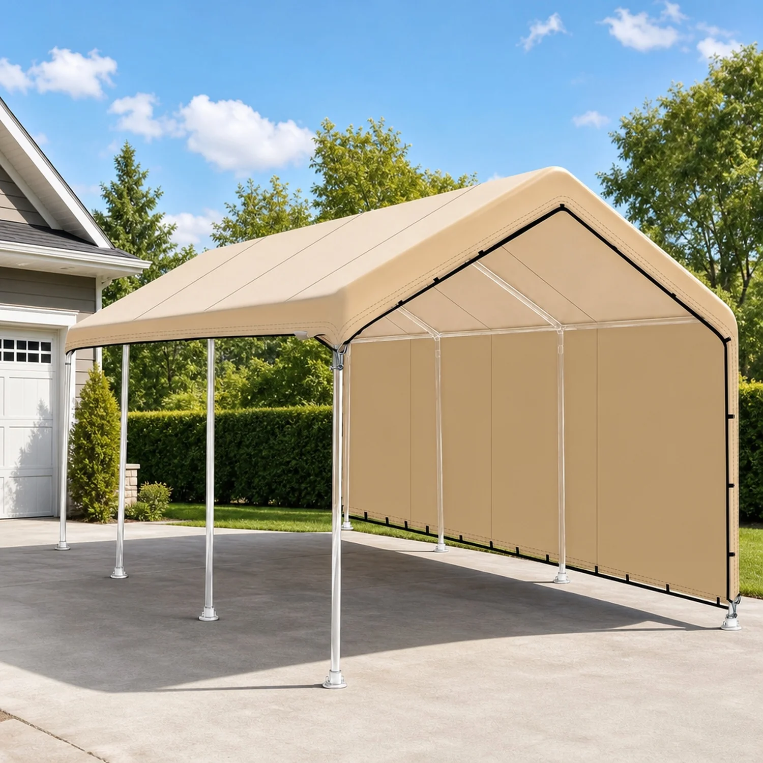 10 x 20 Ft Carport Replacement Canopy Cover with Sidewall(No Frame) Easy to Set up Carport Canopy, 500D Heavy-Duty Garage Top