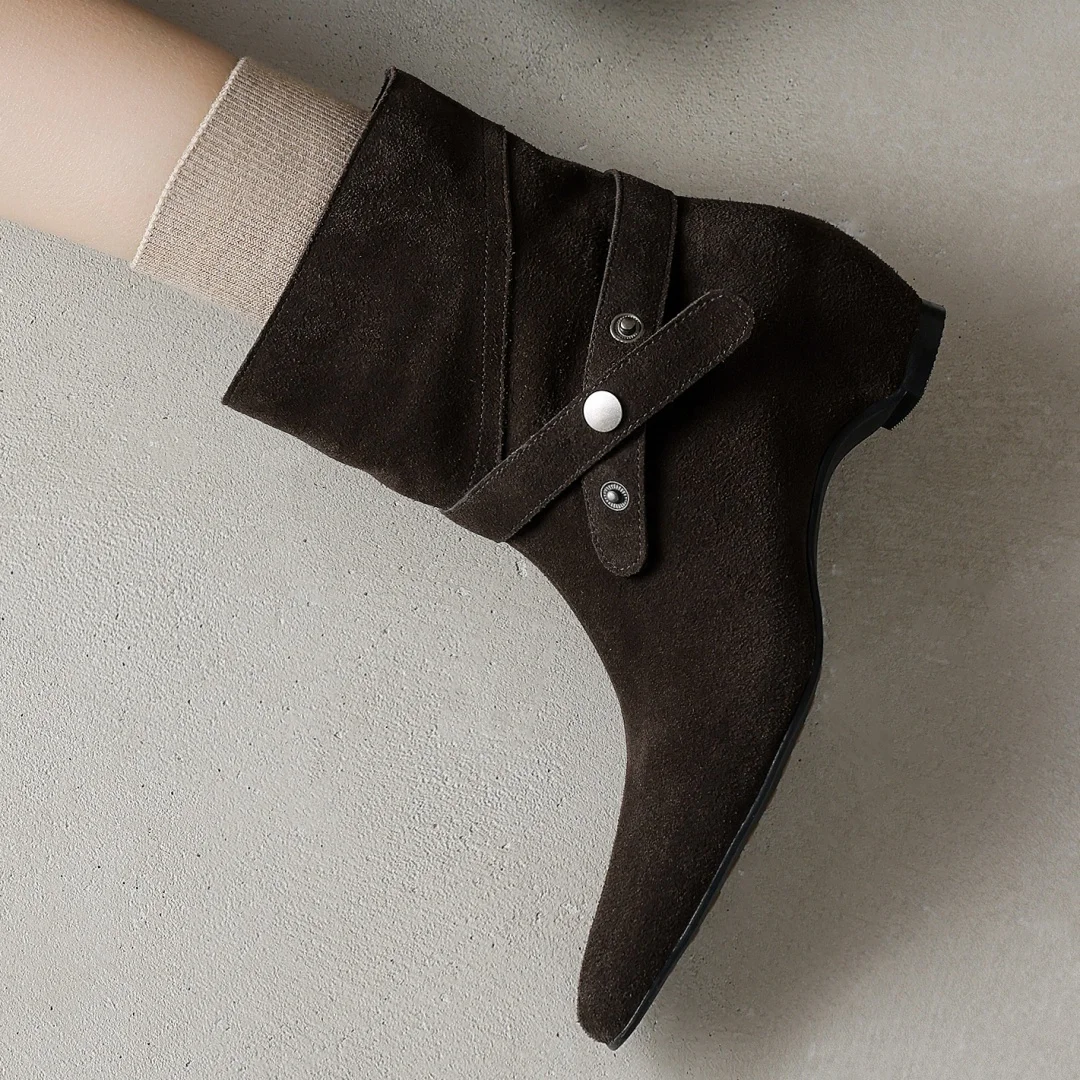 

Women's natural suede leather pointed toe metal buckle slip-on autumn ankle boots 5cm wedge med heel elegant ladies short boots