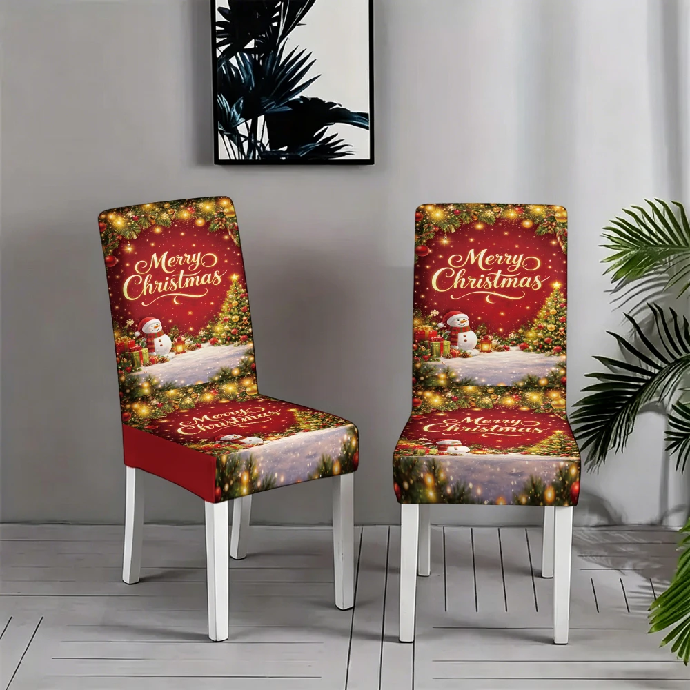 Christmas red snow scene snowman Christmas tree pattern printed elastic chair cover, suitable for Christmas party decoration