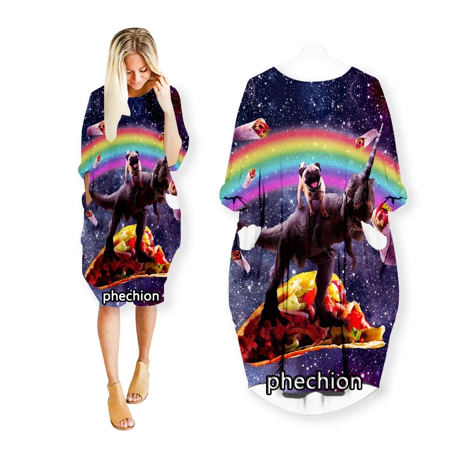 phechion Summer Funny Galaxy Dog Art 3D Print Dress Fashion Casual Mid-length Dress Women Clothing Pocket Long Sleeve Top W41