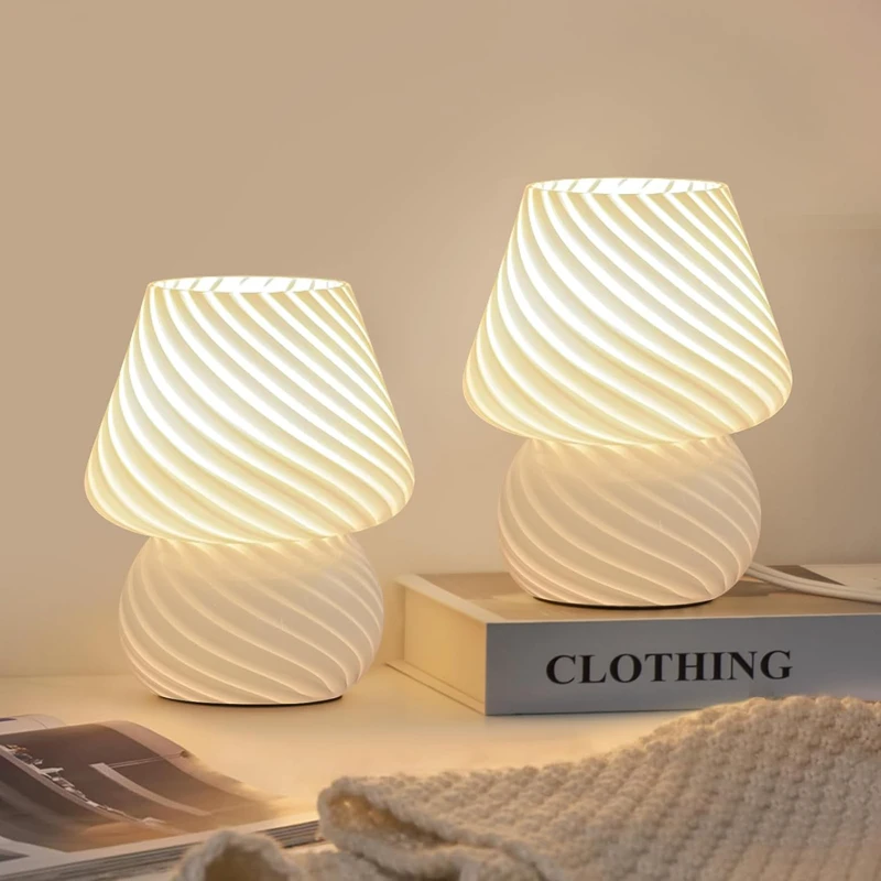 Modern Home USB Powered Mushroom Table Lamp Spiral Ribbed Striped Glass Shade Multi‑Color Freely Position Desktop Night Lamp