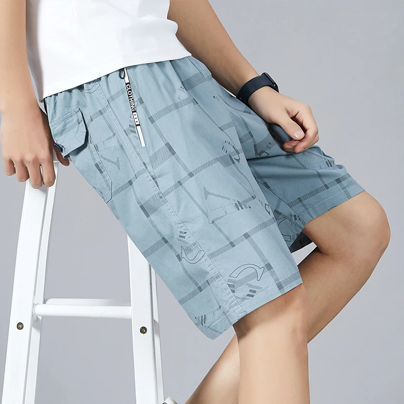 Summer Men's High Waisted Pockets Plaid Striped Elastic Loose Clothing Straight Sports Pants Cargo Preppy Style Printing Shorts