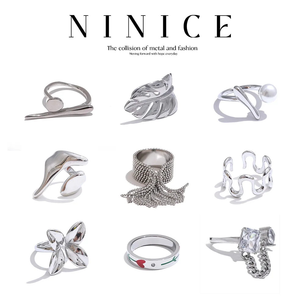 NiNice Stainless Steel Rings Adjustable Tassel Luxury Brand Regalo Marriage Engagement Zirconia Leaf Heart-shaped Trendy New