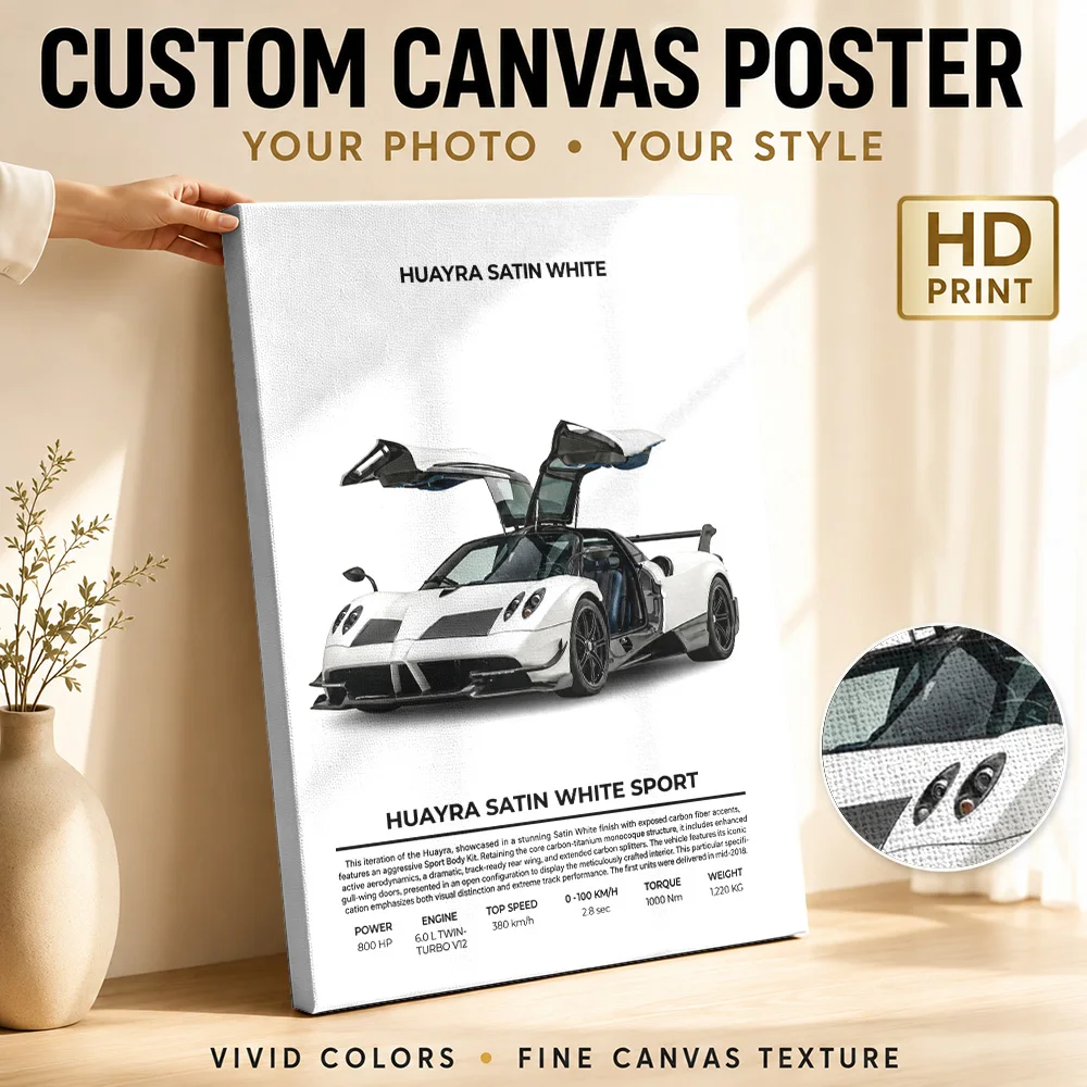 Sleek White Italian Huayra Sport Canvas Poster Customized Photo Dynamic Illustration Style Canvas Wall Art Garage Studio Decor