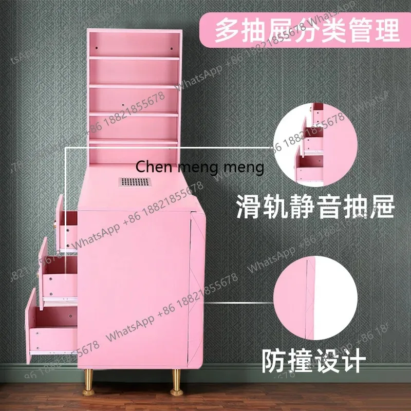 A17 مطلي بالذهب الوردي، صالون أظافر، طاولة مانيكير فردية مع وسادة معصم، مكنسة كهربائية، طاولة مانيكير. #4