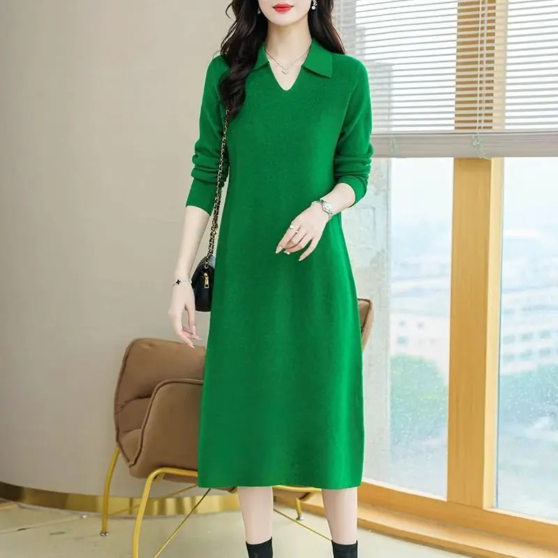 Autumn Winter Fashion Long Sleeve Turn-down Collar Solid Dresses Women\'s Clothing Waist Retraction French Style Knitting Dresses