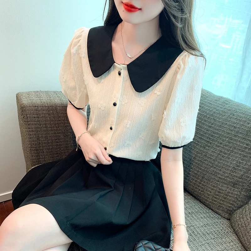 Summer Short Sleeve Blouse Women Blusas Mujer De Moda 2024 Verano Doll Collar Apricot Chiffon Blouse Shirt Women Tops Blusa G670