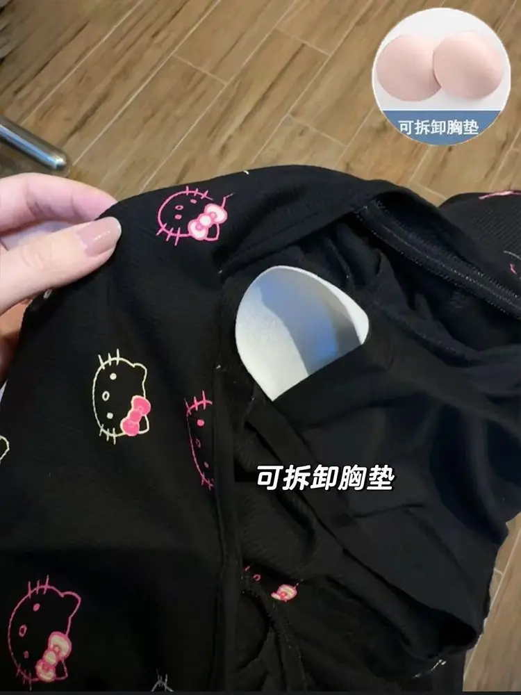 Pigiama Kawaii Sanrios Hello Kittys con imbottitura sul petto Primavera Autunno Pigiama sexy a maniche lunghe in pizzo Indumenti da notte carini Panno per la casa delle donne