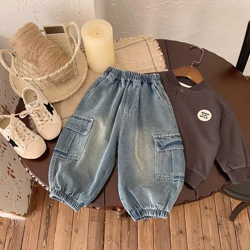Children's Clothing Boys Spring Korean Loose Fitting Bundle Legs Versatile Retro Baby Kids Jeans Girl Pants Boy Clothes