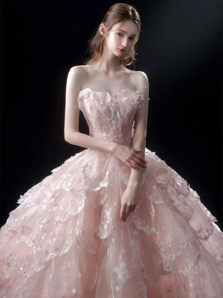 

Pink Luxury Handmade Prom Dresses Sweetheart Applique Lace Up Beading Pearls Crystal Court Evening Party Gowns Vestido De Noiva