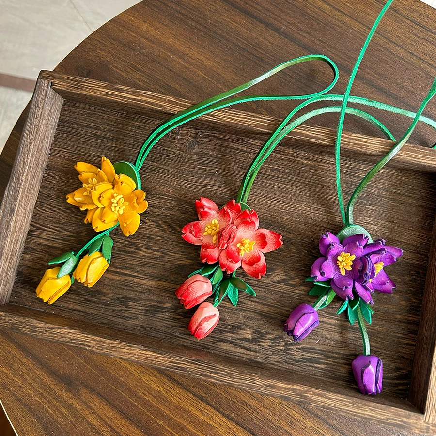 Oriental Cherry Genuine Leather Bag Charm Purple Flower Keychain Bag Pendant Decoration High Luxury Girl Gift Bags Accessories