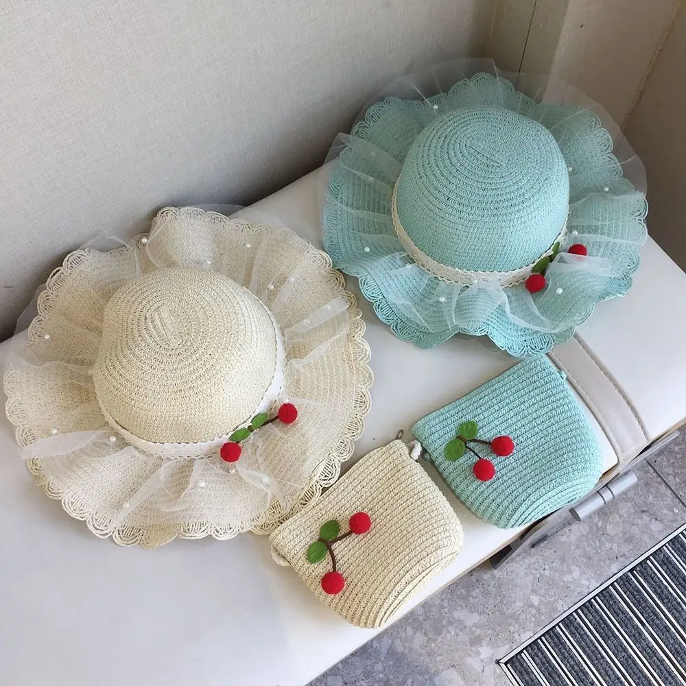 Wide Brim Children Sun Hat Pearl Decoration Lace Trim Straw Hat Breathable Material Straw Material Kids Sun Hat Sun Protection