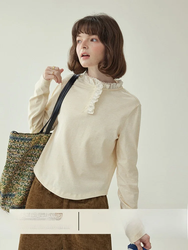 

AMUU Original Lace Trim Stand Collar Arc Hem Long Sleeve T-Shirt Women Winter New Sweet Base Layer Top Korean Style Cotton Blend