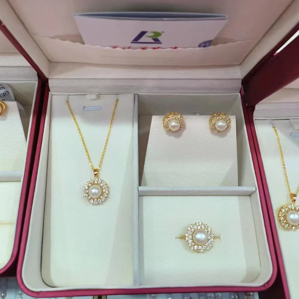 

4A Pure Natural Pearl Necklace Ring Earring Three Sets Jewelry Women Fashion Daily Copper Accessories Four Sided Bright Pearl