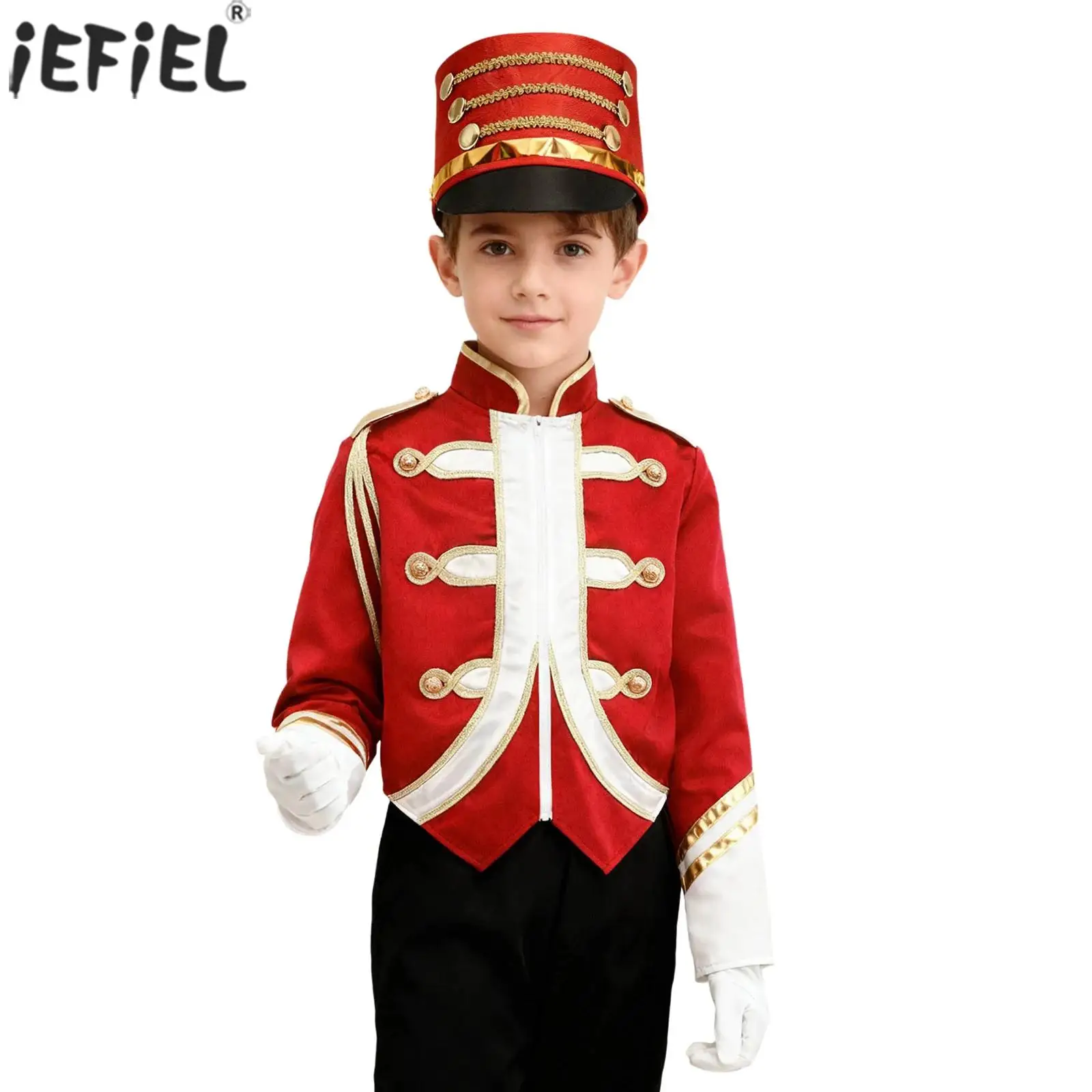 Kids Boys Girls Drum Trumpet Honor Guard Team Uniform Marching Band Flag Raiser Outfit Long Sleeve Zipper Jacket with Hat Gloves