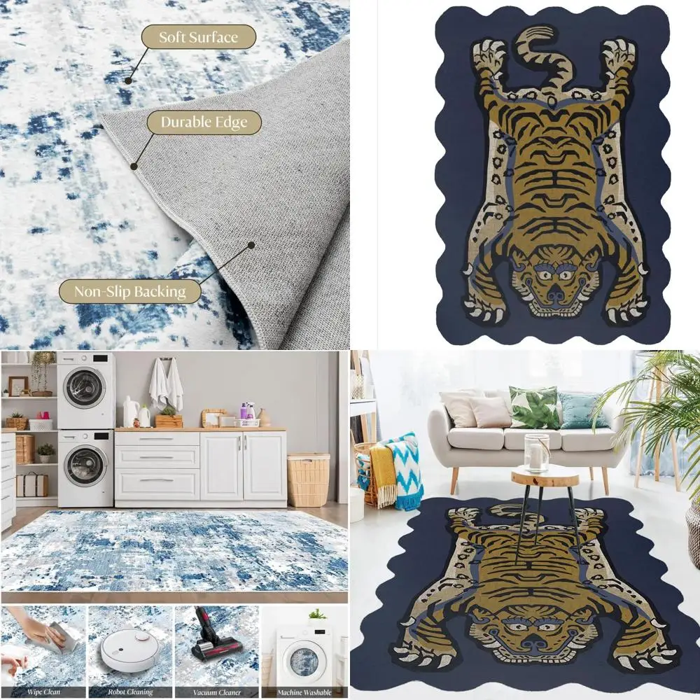 

Navy Blue Tiger Print Area Rug, 10x18, Suitable for Living Room, Bedroom, Office, and Western Decor, Low Pile, Washable, Ideal f