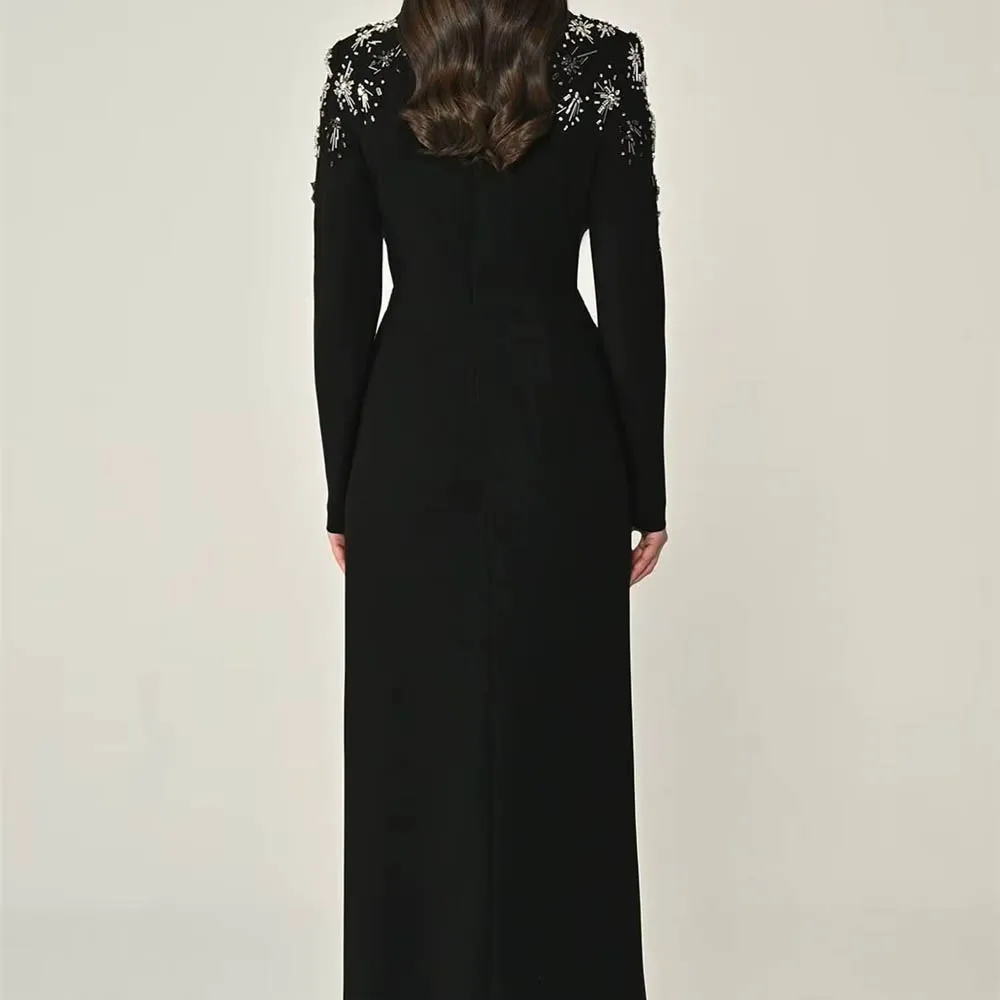 Abito da sera semplice personalizzato in jersey nero Abito da festa classico con maniche lunghe con scollo a V Abiti da ballo lunghi fino al pavimento di alta qualità