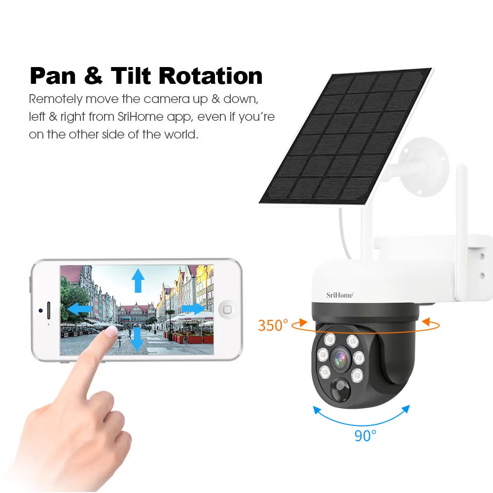 Srihome-cámara PTZ inalámbrica para exteriores, videocámara Solar IP de 4MP, HD, WiFi, paquete de 2 baterías integradas, cámara de videovigilancia con aplicación